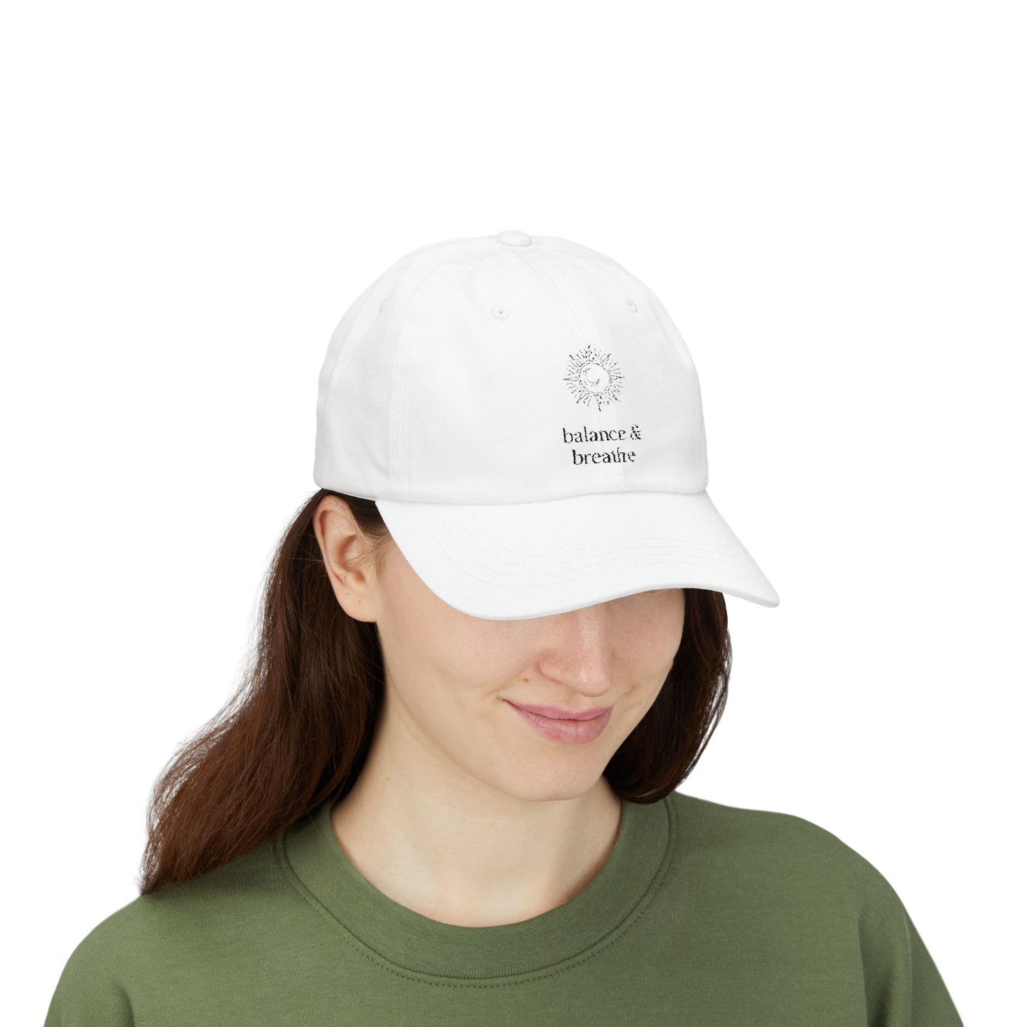 White hat with celestial embroidery, featuring balance and breathe text.