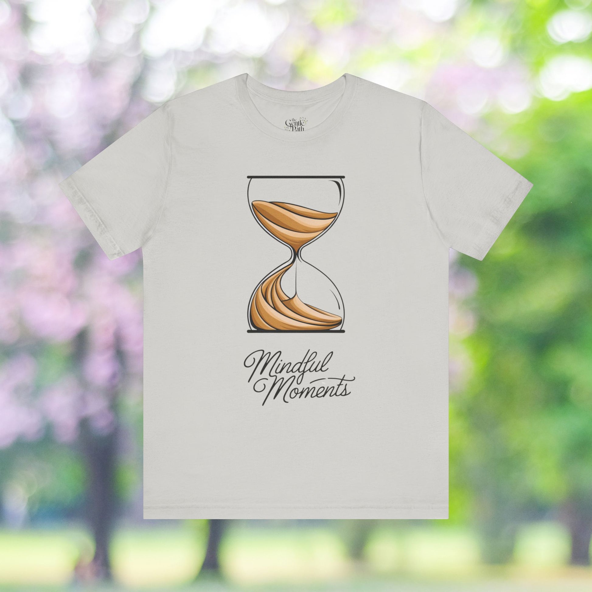 Mindful Moments T-shirt with hourglass sand design.