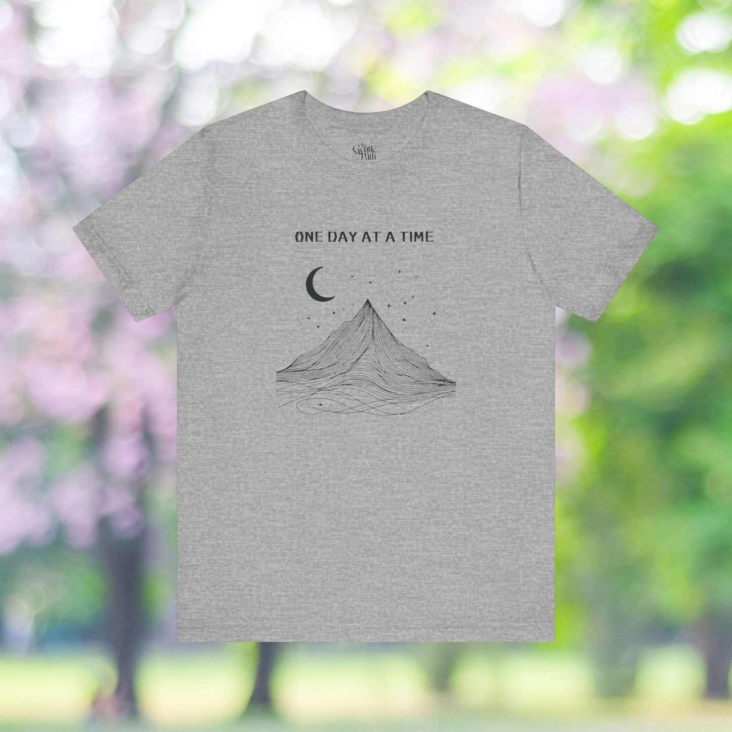 Minimalist mountain moon tee shirt with motivational self-care design