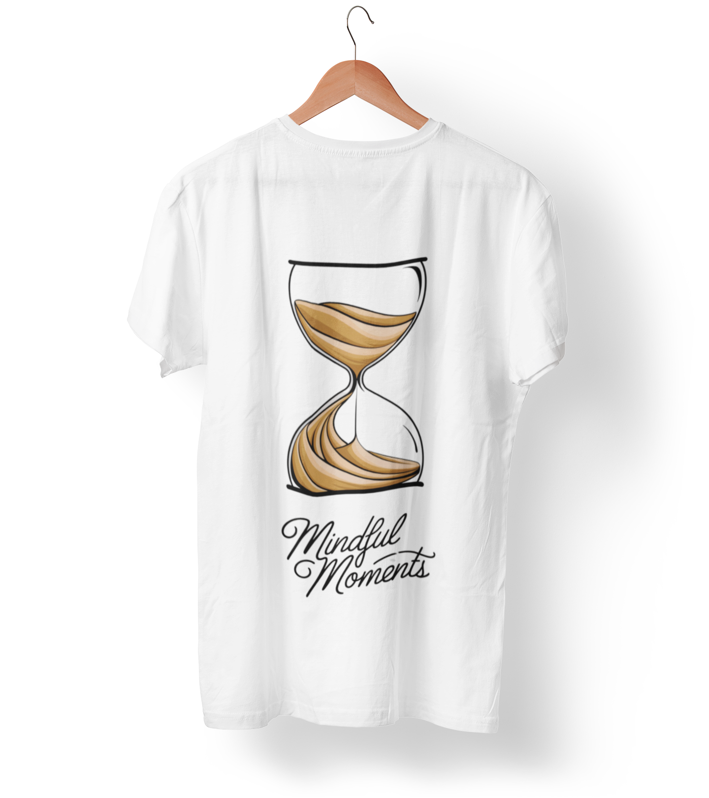 White t-shirt with hourglass graphic and Mindful Moments text.