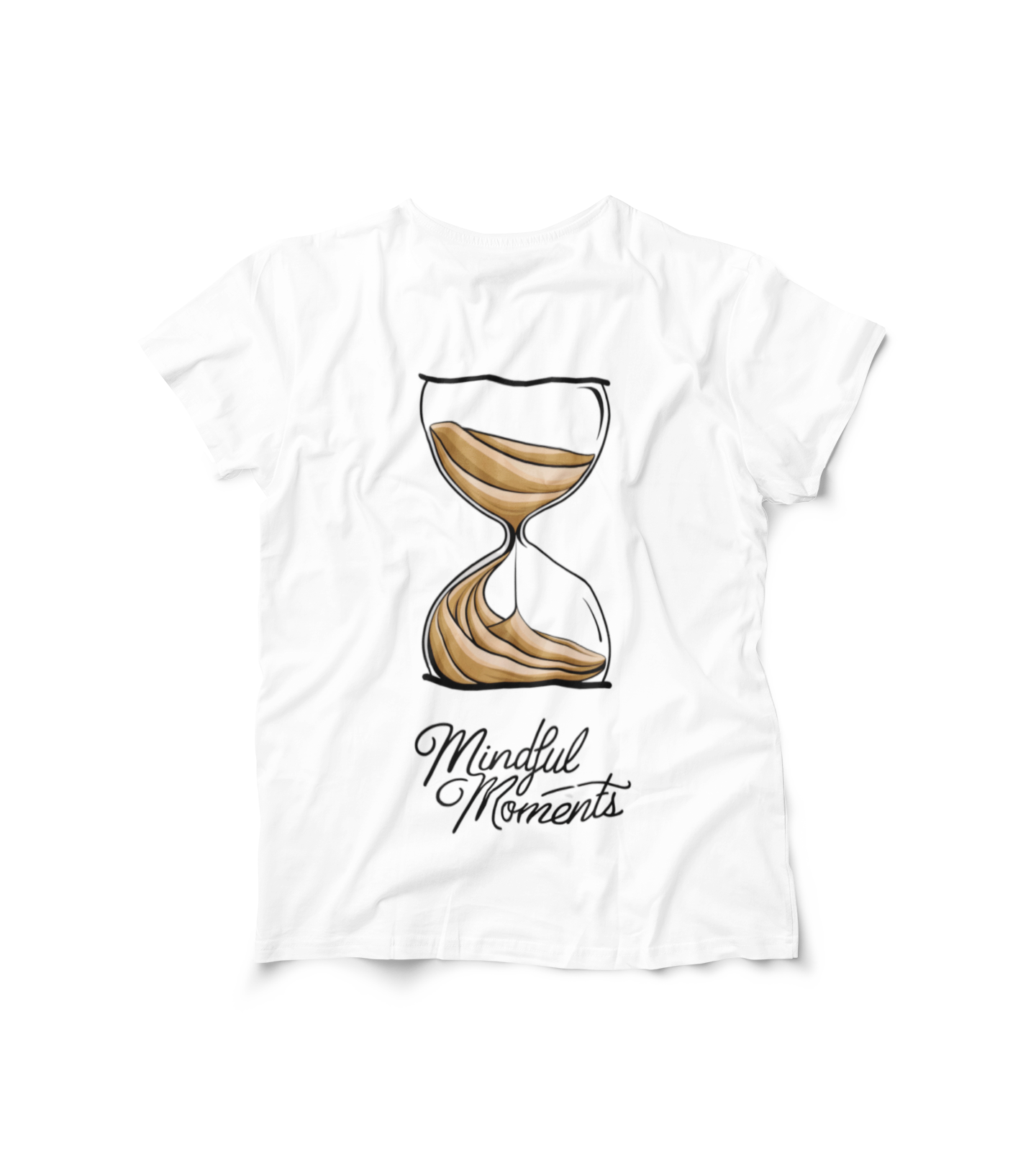 White t-shirt with hourglass graphic for mindful moments.