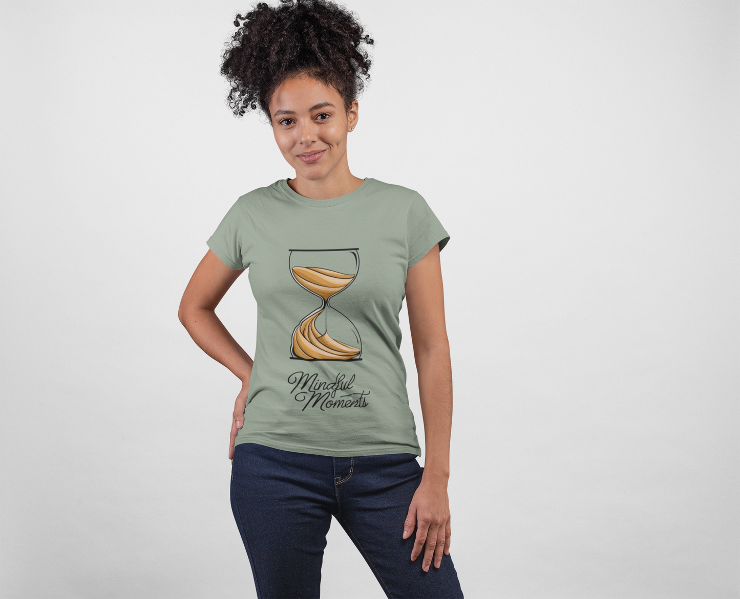 Sand hourglass on a Mindful Moments T-shirt.