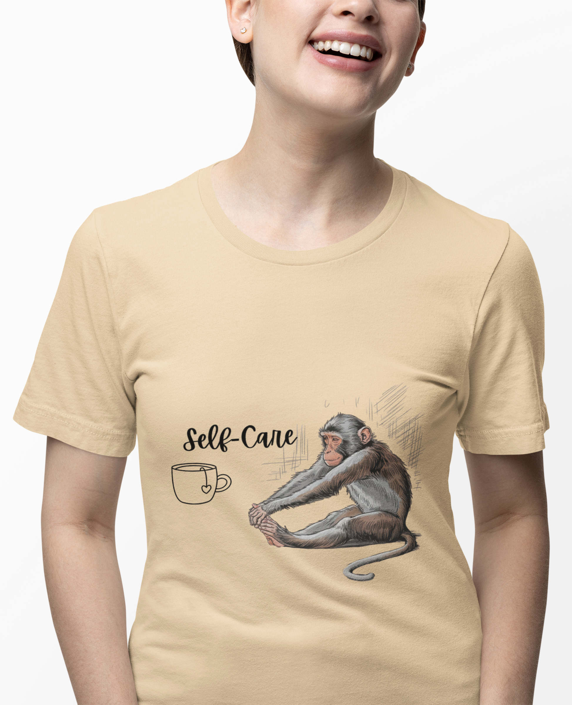 Beige t-shirt with yoga monkey and self-care graphic.