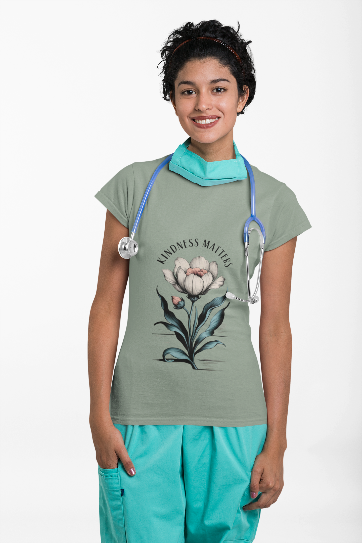 Kindness Matters tee with floral graphic and scrubs.