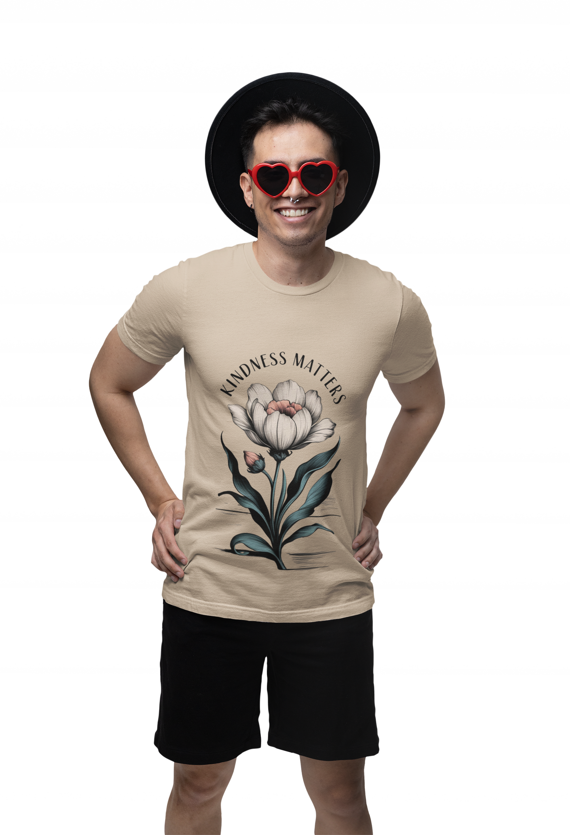 Beige Kindness Matters T-shirt with floral design on a smiling model.