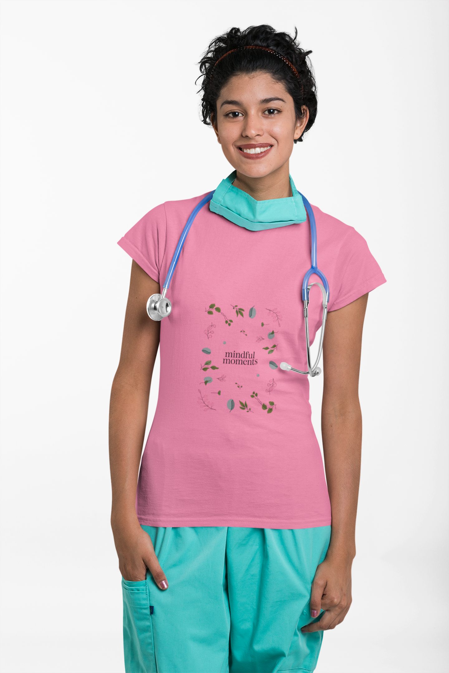 Pink mindful moments t-shirt for medical staff with stethoscope.