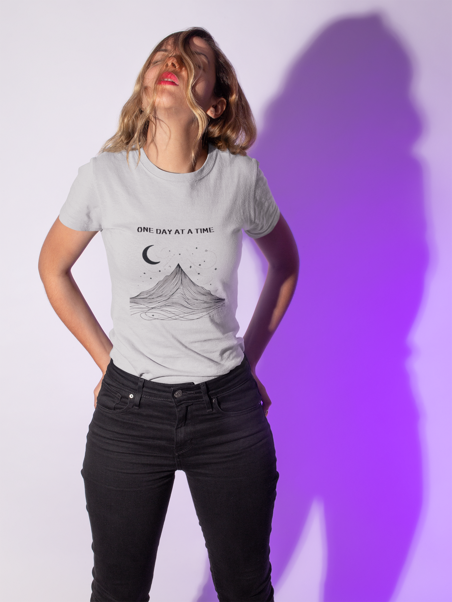 Minimalist mountain and moon design on self-care shirt