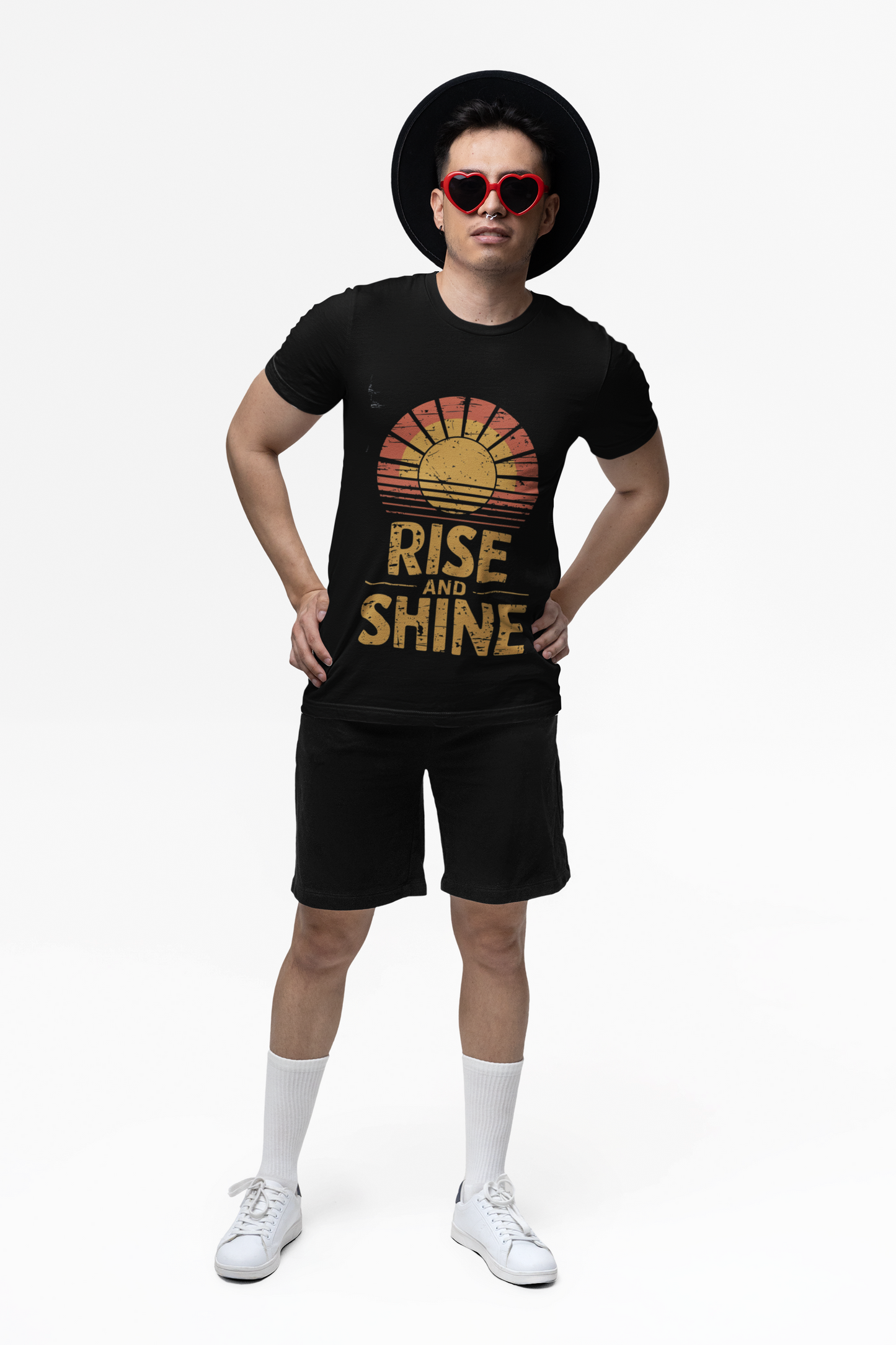 Retro "Rise and Shine" graphic tee on a unisex Bella+Canvas softstyle t-shirt.