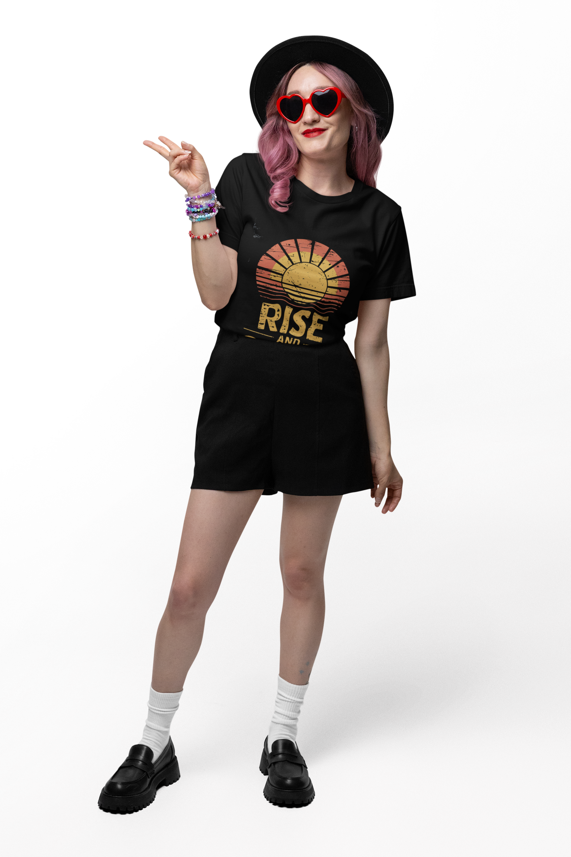 Retro graphic tee with motivational 'Rise and Shine' print.