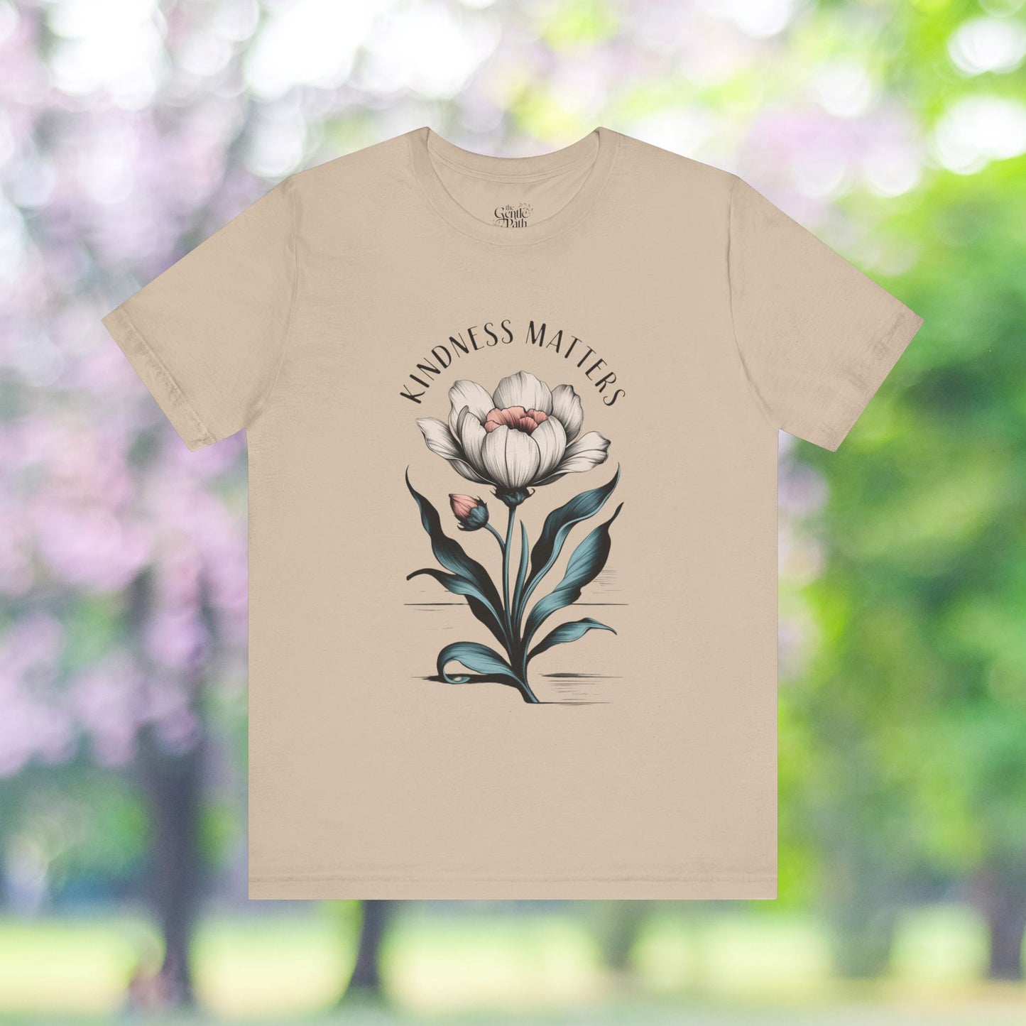 Beige Kindness Matters t-shirt with floral graphic